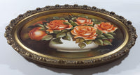 Vintage Original 1981 A. Froese Pink Rose Flower Bouquet in White Planter Vase Still Life Oil Painting Oval Shaped 19" x 23" Gold Ornate Carved Wood Frame