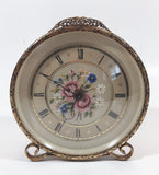 Antique Petit Point Embroidered Colorful Flower Bouquet Ornate Brass Filigree Gilt Wind Up Vanity Dressing Table Clock Made in GT. Britain
