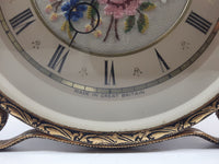 Antique Petit Point Embroidered Colorful Flower Bouquet Ornate Brass Filigree Gilt Wind Up Vanity Dressing Table Clock Made in GT. Britain