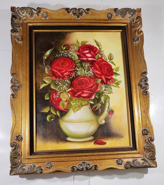 Vintage Original 1970s A. Froese Red Rose Flower Bouquet in White Pitcher Still Life Oil Painting 26" x 32" Gold Ornate Carved Wood Frame