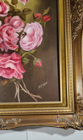 Vintage Original 1975 A. Froese Pink Rose Flower Bouquet Still Life Oil Painting 24" x 30" Gold Ornate Carved Wood Frame