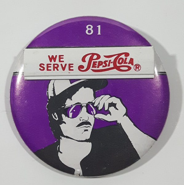 Vintage We Serve Pepsi-Cola "81" Man with Sunglasses and Cap Purple 2 1/8" Round Metal Button Pin