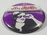 Vintage We Serve Pepsi-Cola "81" Man with Sunglasses and Cap Purple 2 1/8" Round Metal Button Pin